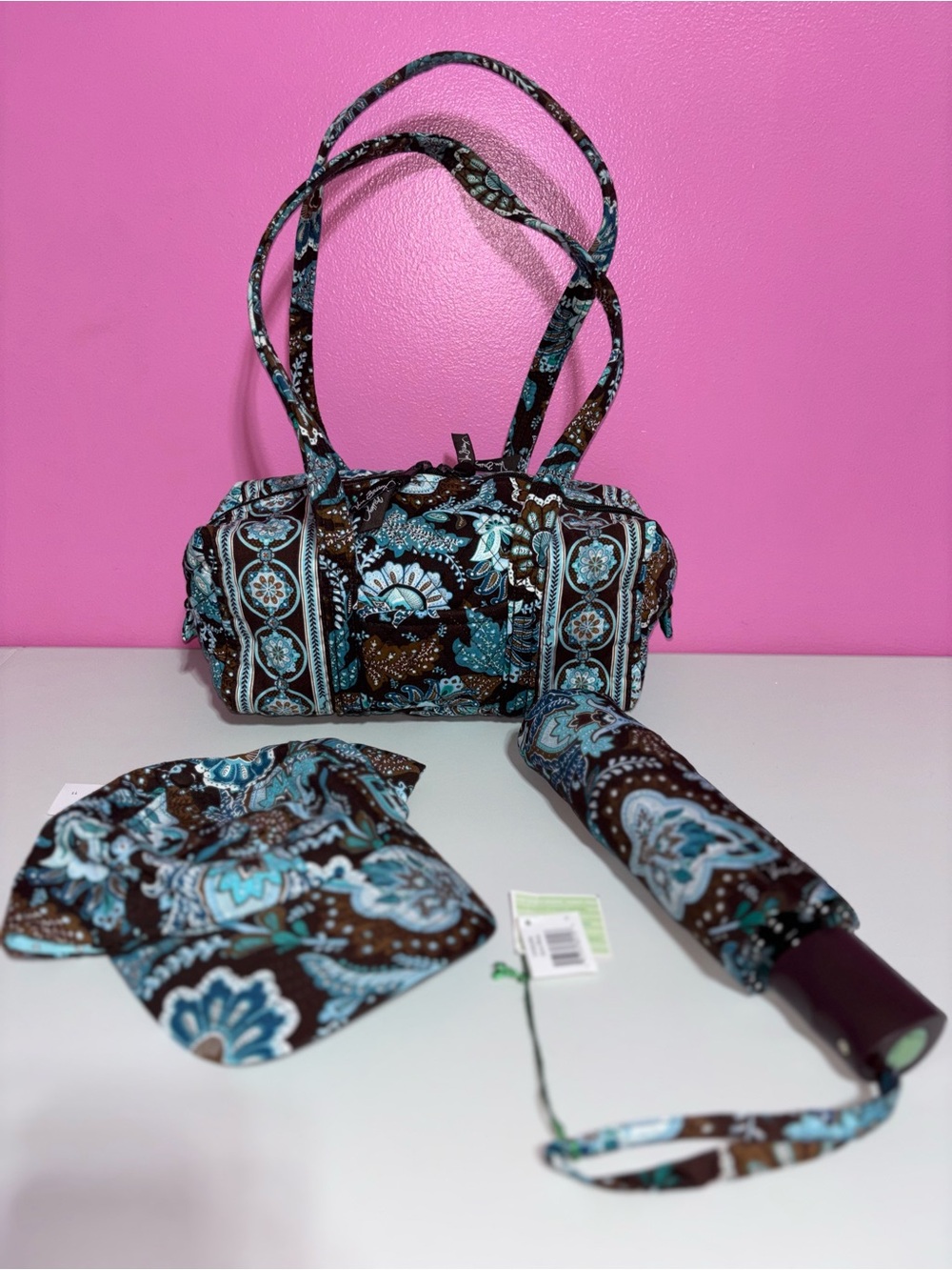 Vera Bradley Java Blue Boston Bag + Umbrella + Cap NWT Bundle